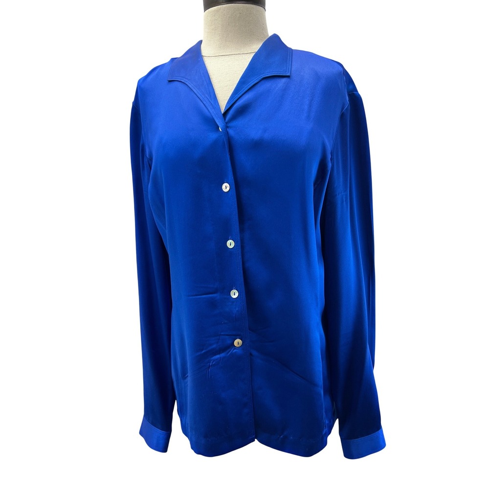 Liz Claiborne Button Down Womens 10 Blue Excellent 100% Silk Long Sleeve Blouse